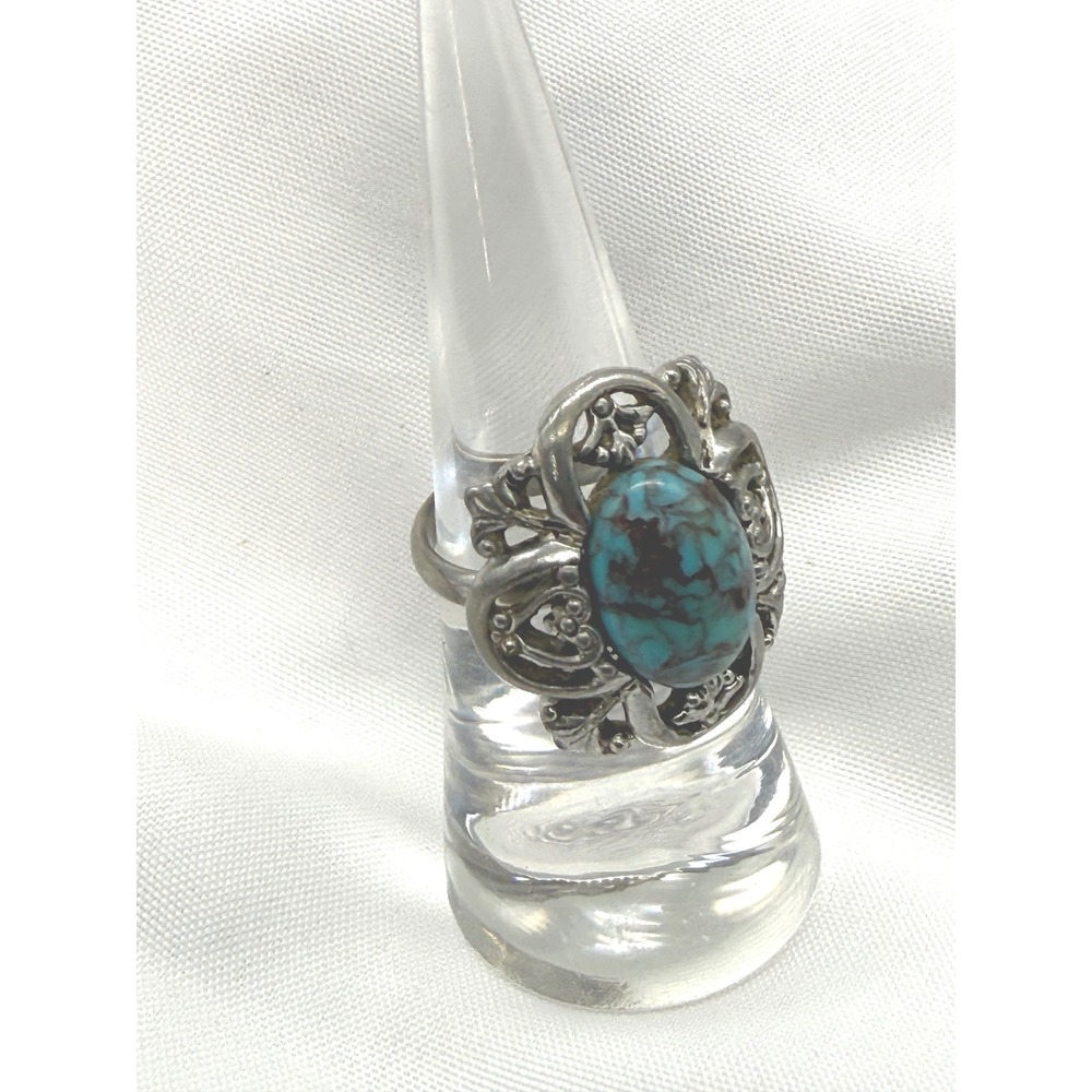 Sarah Coventry Vintage Silver Tone Faux Turquoise Filigree Statement Ring Gift